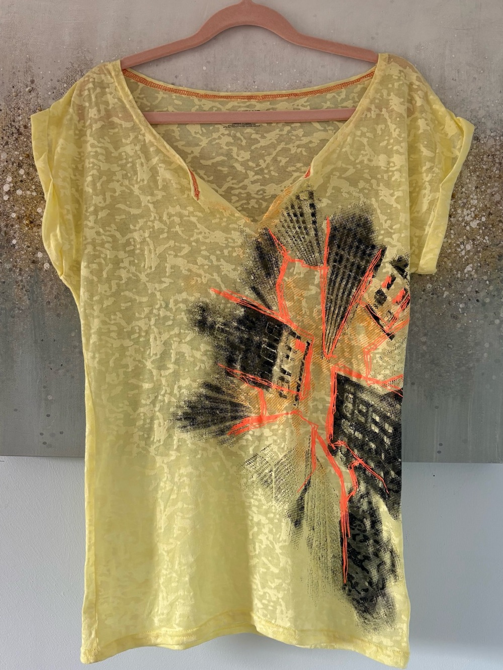 DKNY Yellow V-Neck Graphic Women’s Top (NWOT)